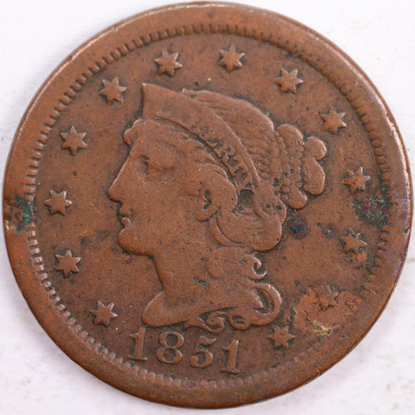 1851 Braided Hair Large Cent, Fine Circulated Coin, Store #CT0159