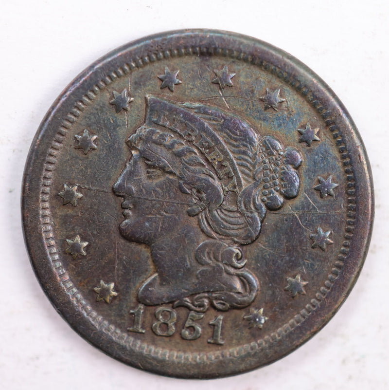 1851 Braided Hair., Large Cent., Very Fine Circulated Coin., Store Sale
