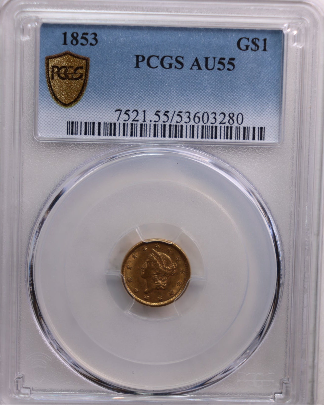 1853 $1 Gold Liberty, Gem Eye Appeal, PCGS AU-55. Store Sale #G0046.