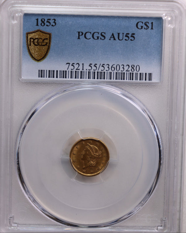 1853 $1 Gold Liberty, Gem Eye Appeal, PCGS AU-55. Store Sale #G0046.