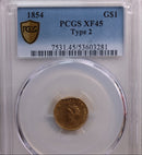 1854 $1 Gold Indian Princess Head, Type-2, PCGS XF-45. Store Sale