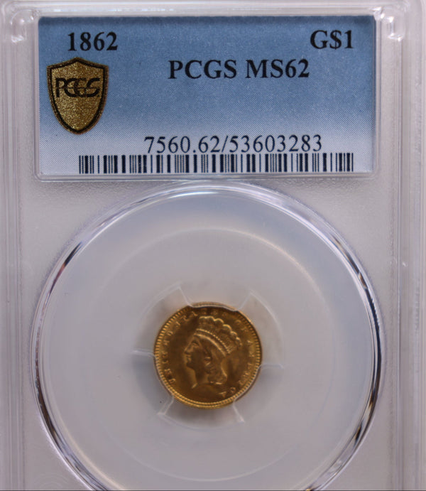 1862 $1 Indian Princess Head, Large Head, PCGS MS-62. Store Sale #G0049.