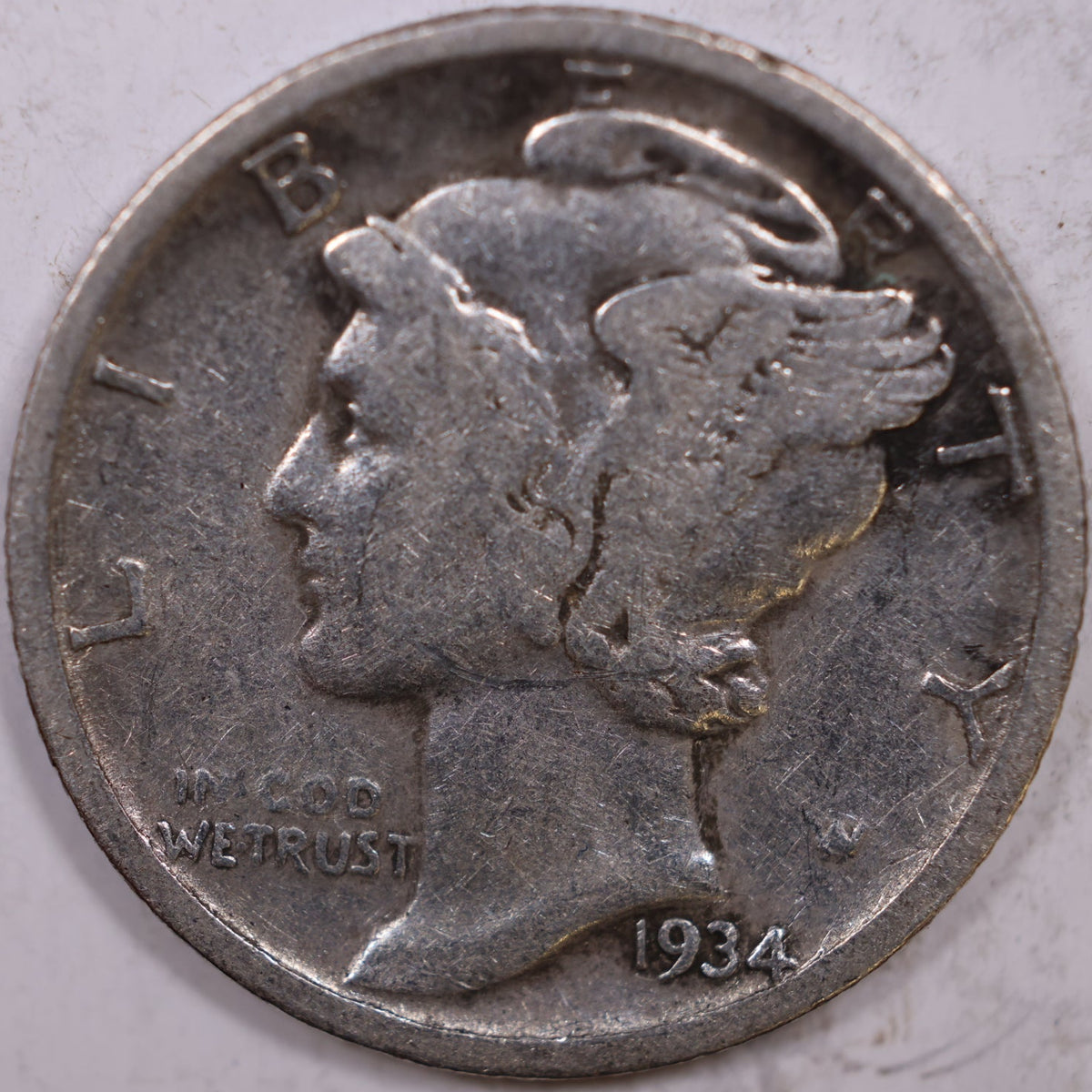 1934-D Mercury Dime, Very Good+ Circulated Coin, Store #DE1047