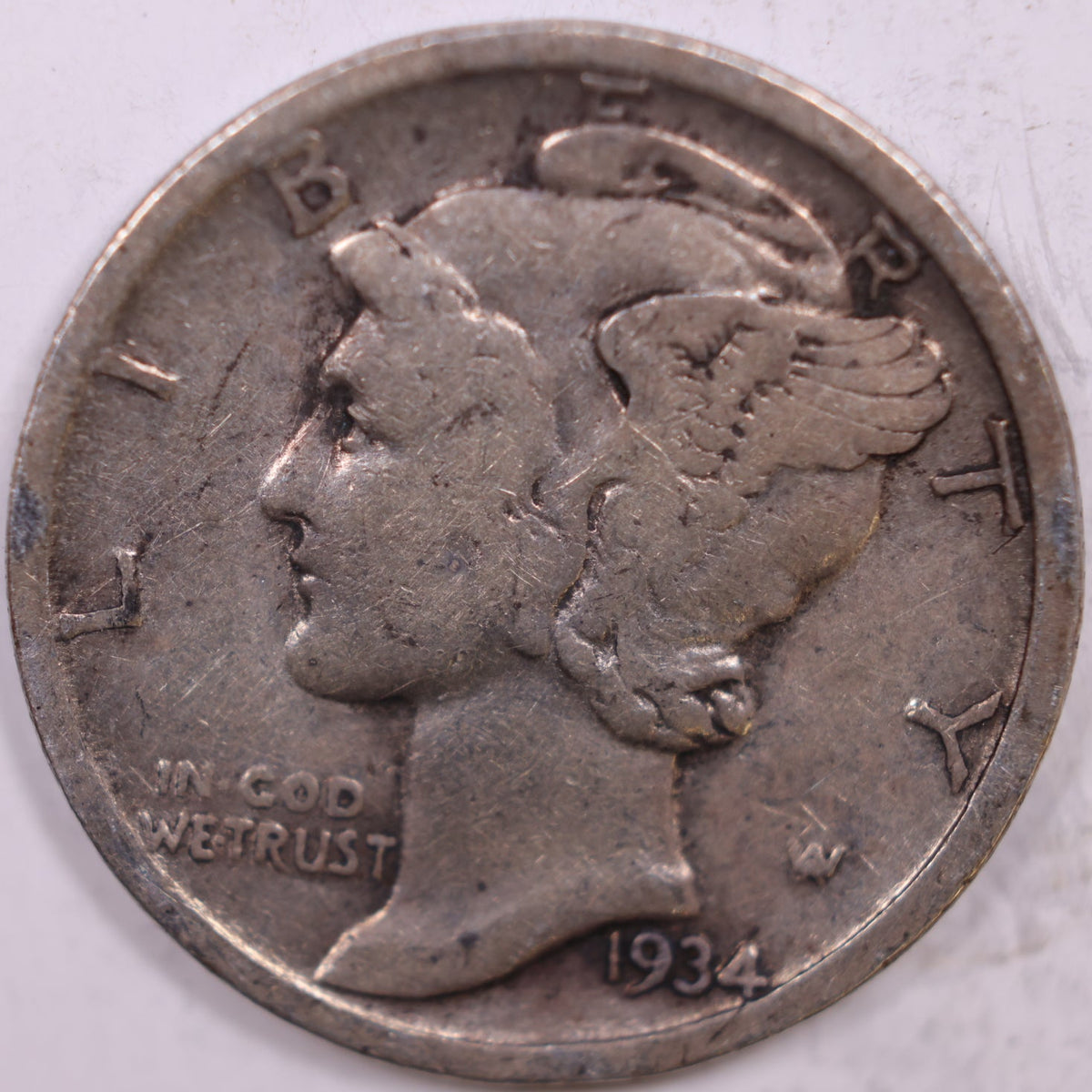 1934-D Mercury Dime, Very Good+ Circulated Coin, Store #DE1048