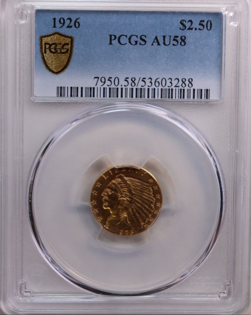 1926 $2.50 Indian Head Quarter Eagle Gold Coin, PCGS AU-58, Store Sale