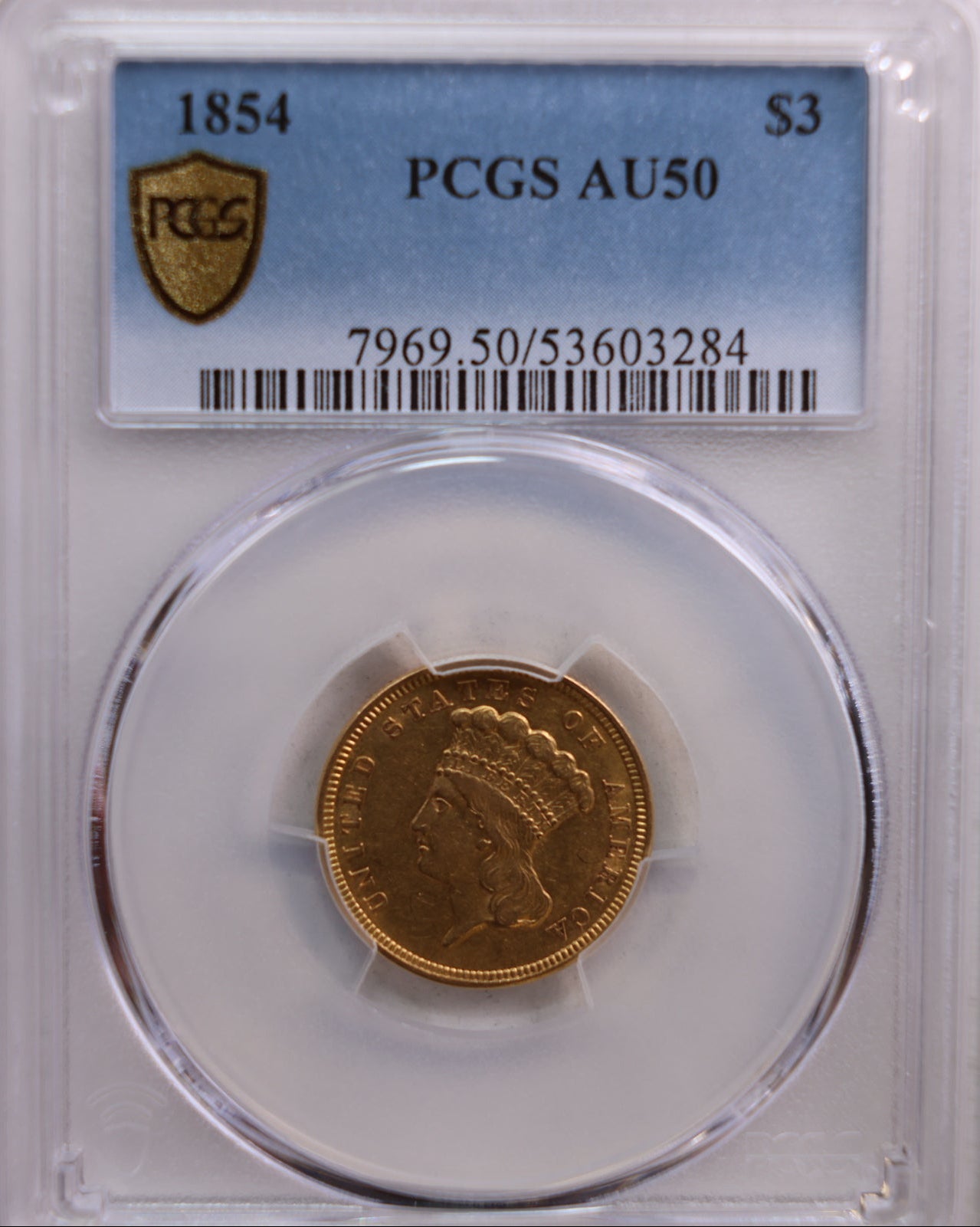 1854 $3 Indian Princess Head Gold Coin, PCGS AU-50, Store Sale #G0056.