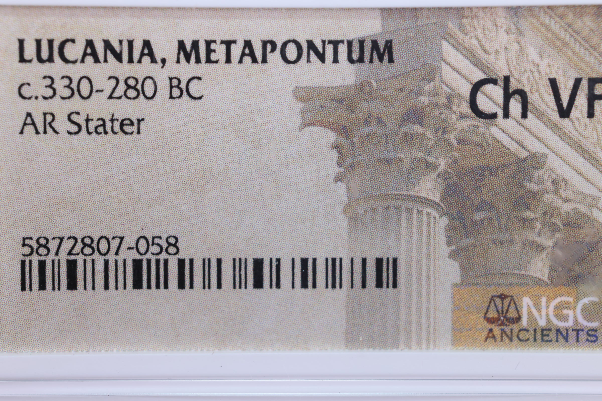 Lucania, Metapontum., 330-280 B.C.., NGC Certified Very Fine., Store# AT0019
