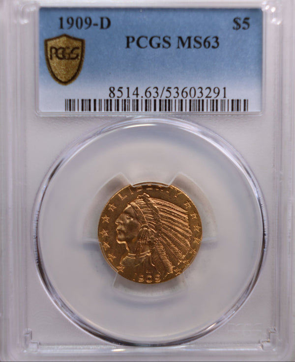 1909-D $5 Indian, Half Eagle Gold Coin, PCGS MS-63, Store Sale #G0057.
