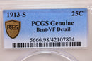 1913-S Barber Silver Quarter., 'Scarce'., PCGS V.F. Detail., Store