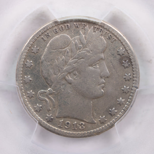 1913-S Barber Silver Quarter., 'Scarce'., PCGS V.F. Detail., Store #GQR023.