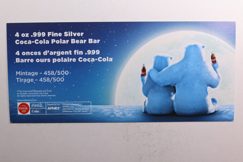 4 Troy Ounce Silver Bar, Coca Cola Polar Bear, Colorized in display case, Store