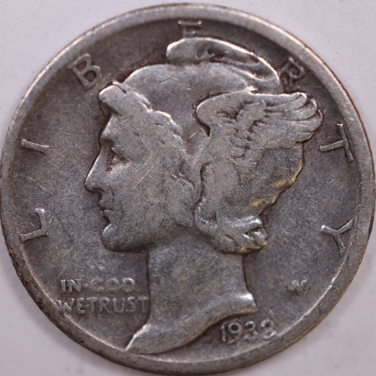 1938-D Mercury Dime, Very Good+ Circulated Coin, Store #DE1067