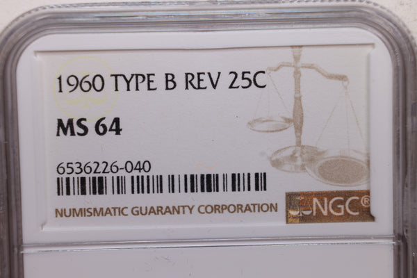 1960 Washington Silver Quarter., Type-B Reverse, NGC MS64., Store #GQR031.