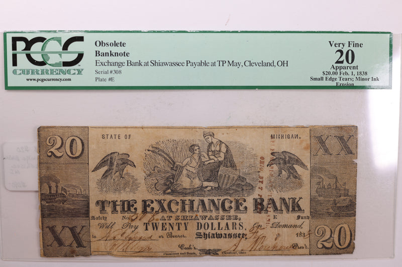 1838 $20., SHIAWASSE, MI., Obsolete., PCGS Currency., VF-20., Store