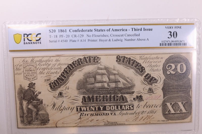 1861 $20., Confederate States., Obsolete., PCGS Currency., VF-30., Store