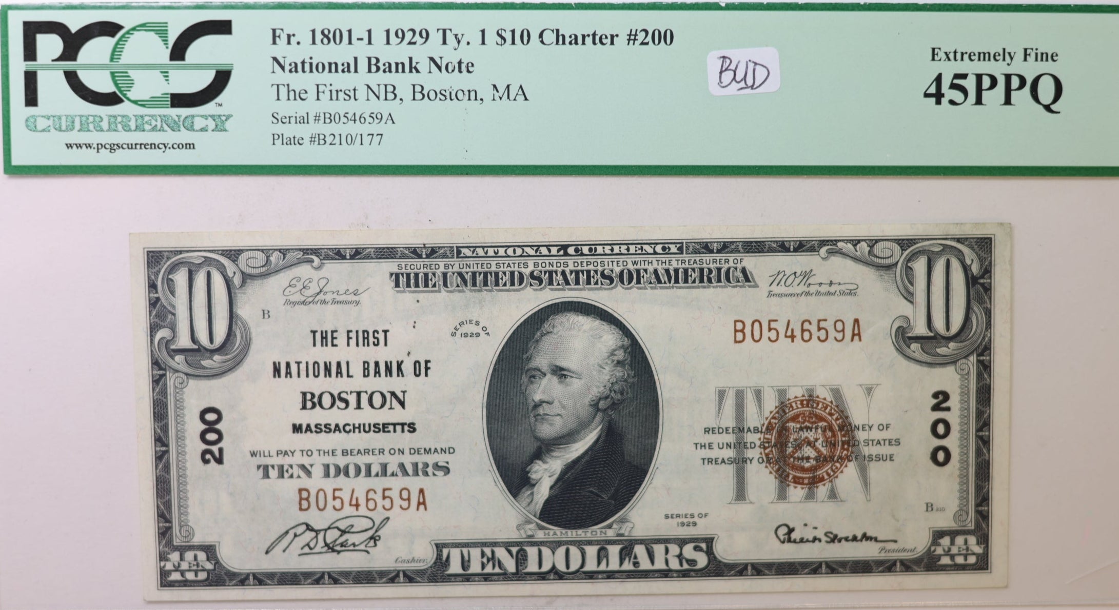 1929 $10, Boston, MA, National Banknote, PCGS EX-45 PPQ, Store Sale #NBN001
