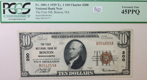 1929 $10, Boston, MA, National Banknote, PCGS EX-45 PPQ, Store Sale #NBN001