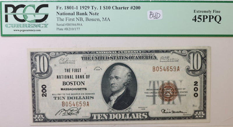 1929 $10, Boston, MA, National Banknote, PCGS EX-45 PPQ, Store Sale