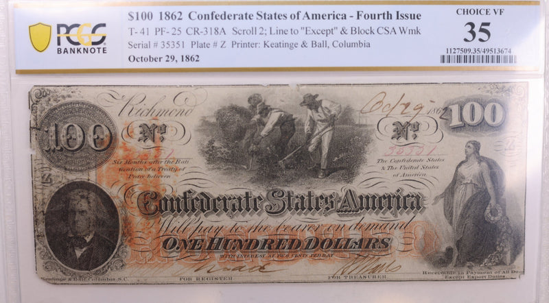 1861 $100., Confederate States., Obsolete., PCGS Currency., VF-35., Store