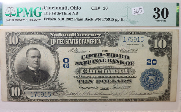 1902 $10, Cincinnati, Ohio, CH#20, National Banknote, PMG VF-30, Store #NBN003.