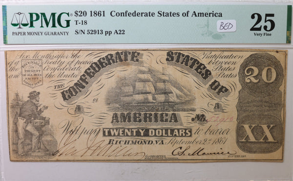 1861 $20, Confederate, States., T-18, Obsolete Currency., PMG VF-25, Store #CSA006.