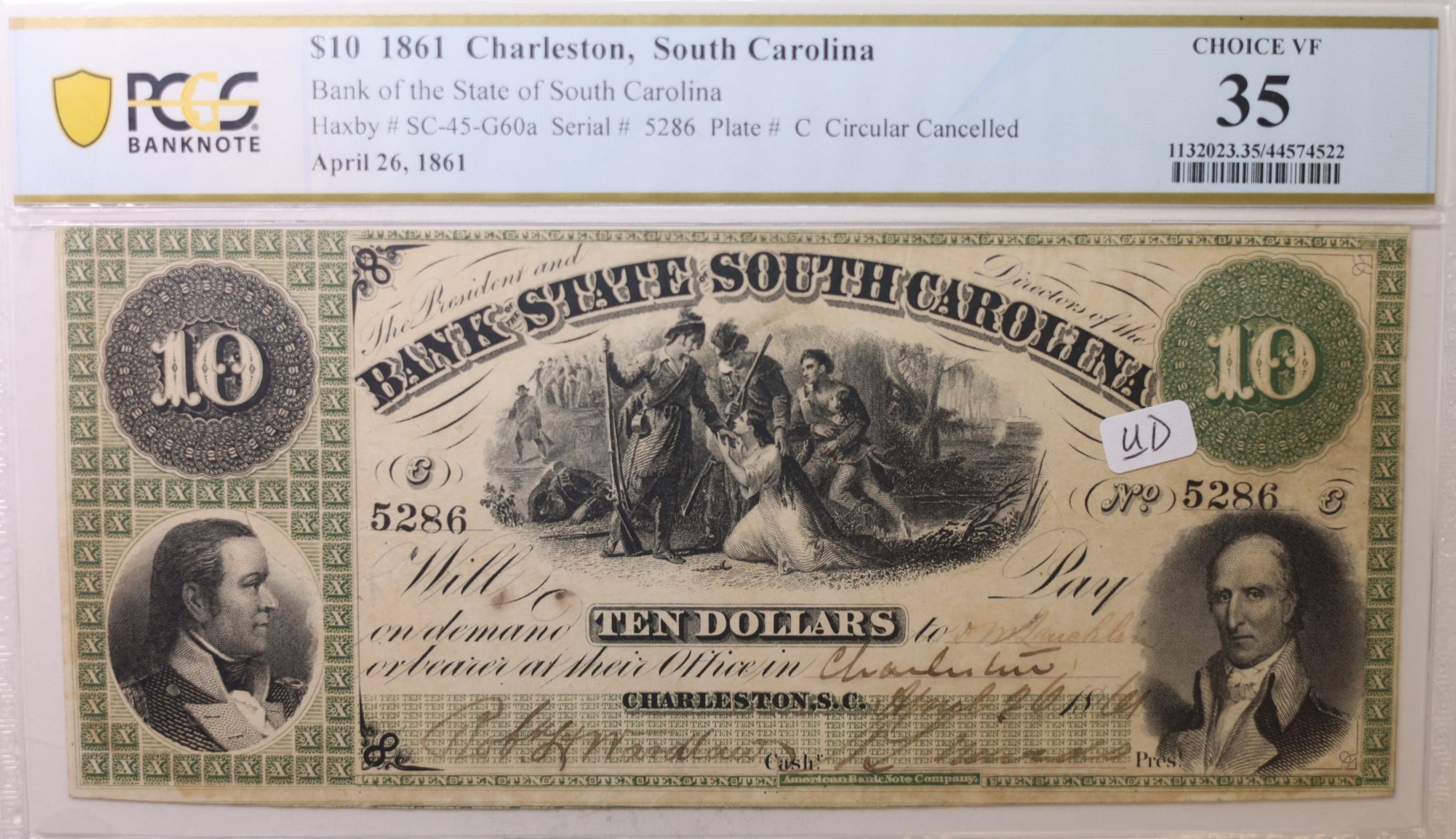 1861 $10, Charleston, S.C., Obsolete Currency., PCGS VF-35., Store #GSC002