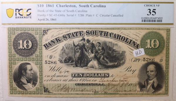 1861 $10, Charleston, S.C., Obsolete Currency., PCGS VF-35., Store #GSC002