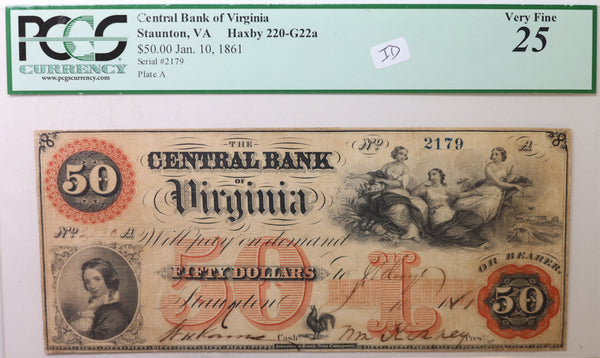 1861 $50, Central Bank of Virginia, Staunton, VA, Obsolete., PCGS VF-25., Store #GVA021.