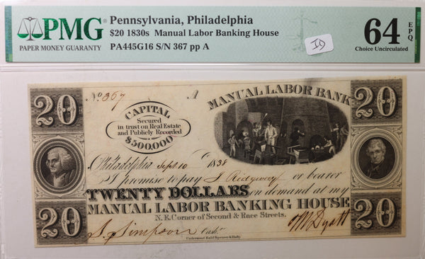 1838 $20, Philadelphia, PA. Manual Labor Banking House, PMG CU-64, #GPA004