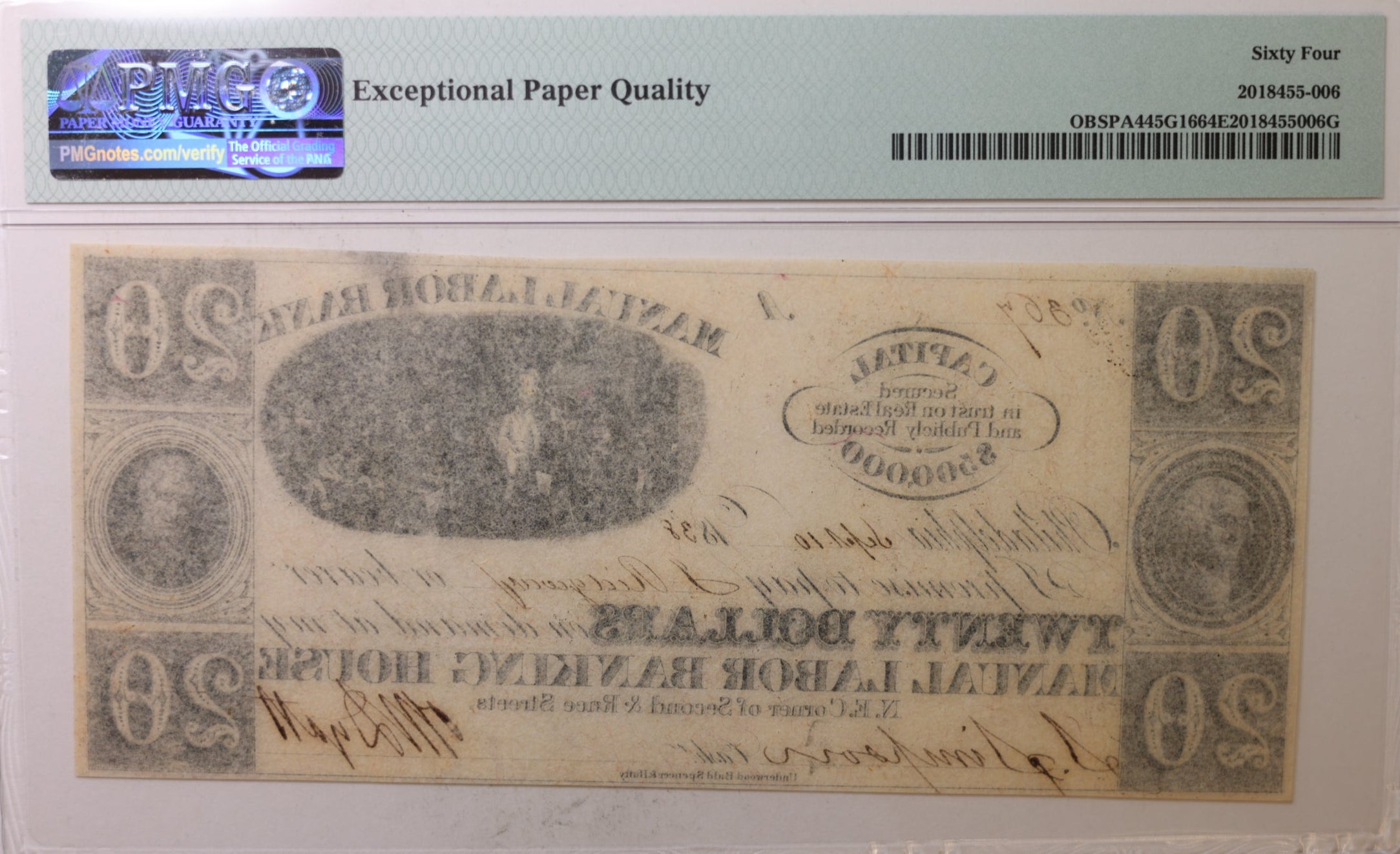 1838 $20, Philadelphia, PA. Manual Labor Banking House, PMG CU-64, #GPA004