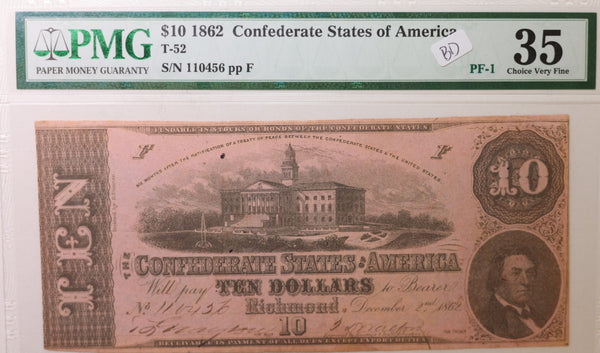 1862 $10, Confederate, States., T-52, Obsolete Currency., PMG VF-35, Store #CSA008.