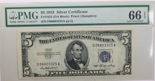 1953 $5., Silver Certificate., PMG Currency CU-66., EPQ., Store #GSSC017