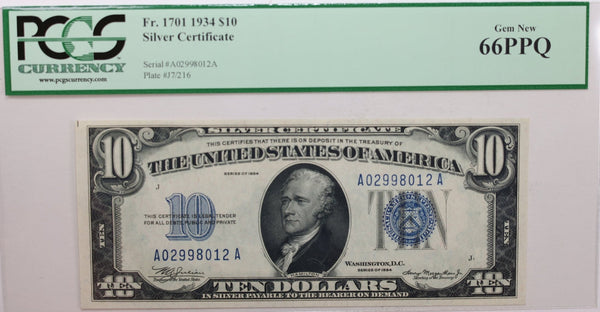 1934 $10., Silver Certificate., PCGS Currency CU-66., PPQ., Store #GSSC016