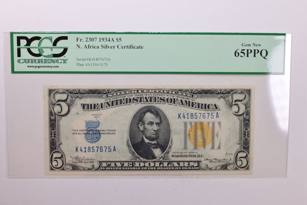 1934A $5., Silver Certificate., "North Africa"., PCGS Currency CU-65., PPQ., Store #GSSC006