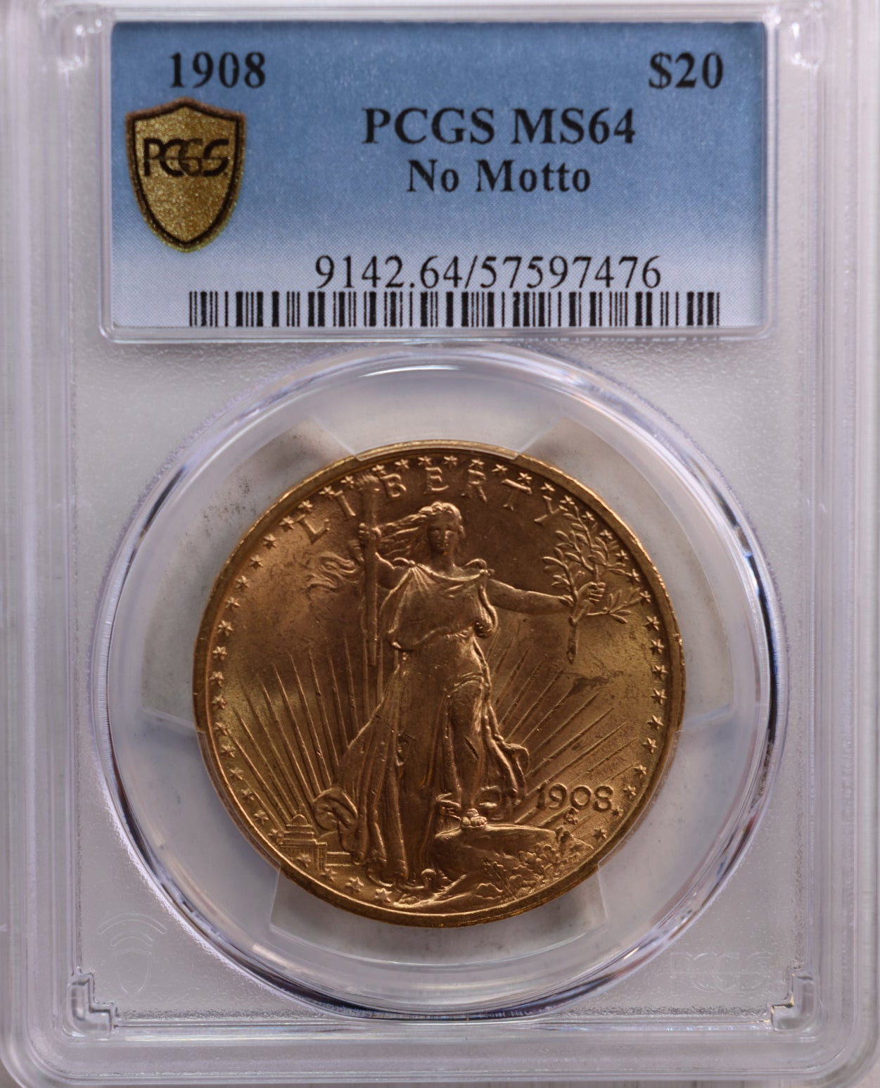 1908 $20 Saint GAUDENS, Double Eagle, No Motto, PCGS MS-64, Store Sale #G0064.