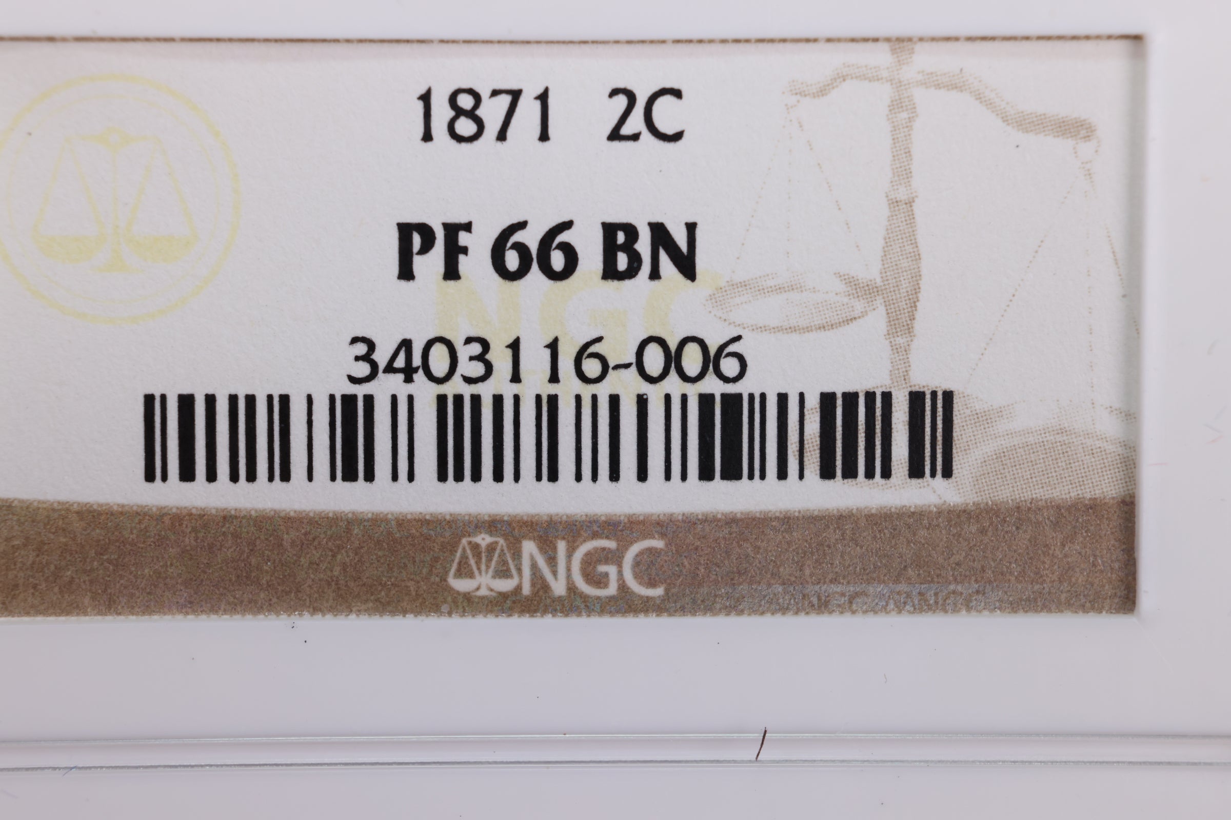 1871 Two Cent Piece., "PROOF STRIKE"., NGC PF-66 Brown., Store #G2C001