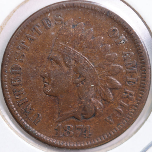 1874 Indian Head Cent, Very Fine Circulated Coin, Store #CT0784