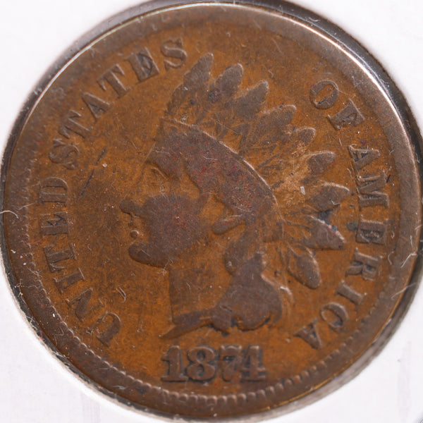 1874 Indian Head Cent, Very Good Circulated Coin, Store #CT0788