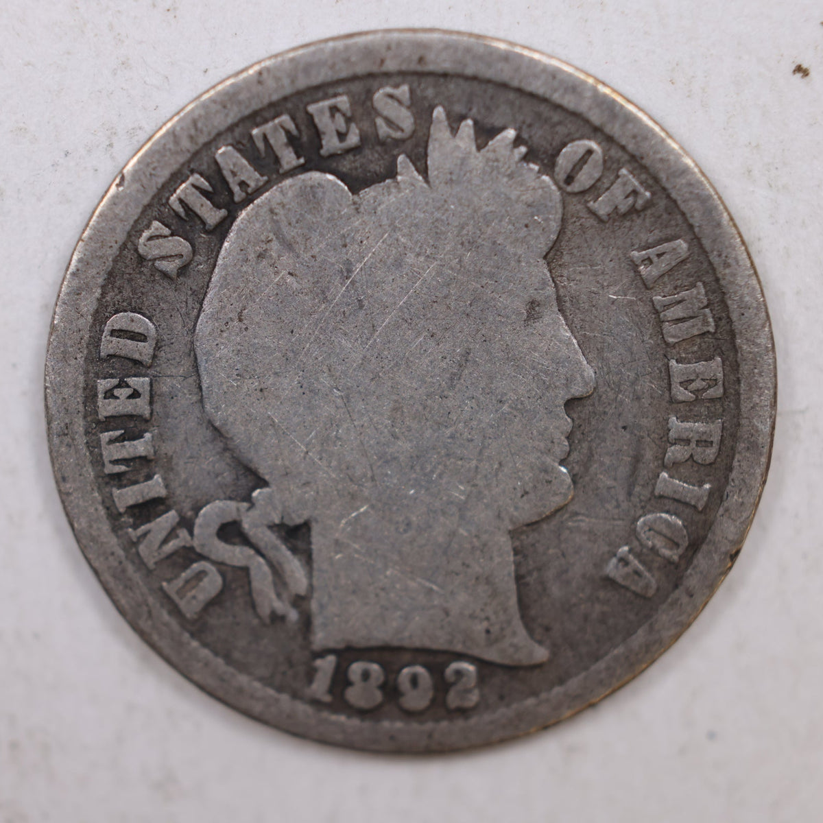 1892 Barber Silver Dime, About Good Circulated Coin, Store #DE029.
