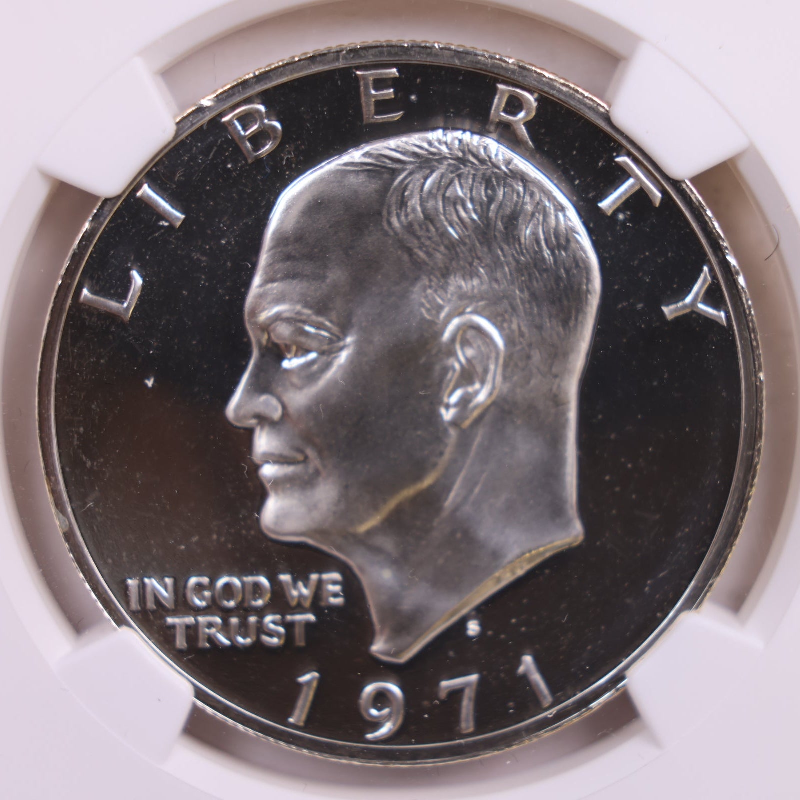 1971-S Eisenhower Silver Dollar., 'Peg Leg'., NGC PF-69, Cameo., Store
