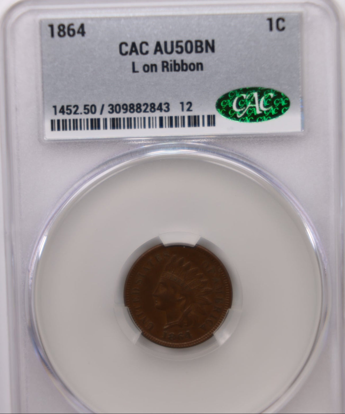 1864 Indian Head Small Cents, CAC AU-50, 'L' In Ribbon, Store #CT005.