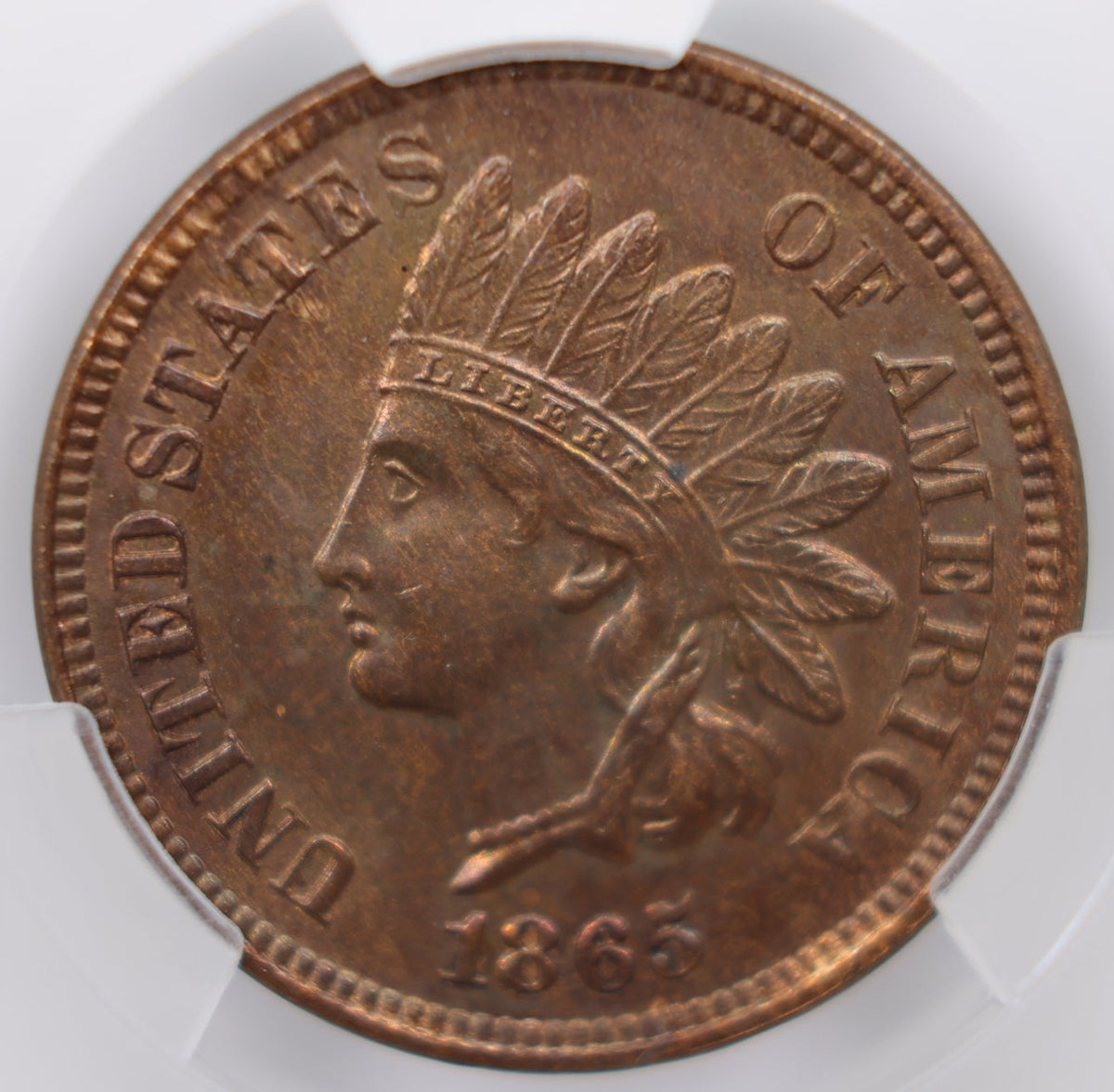 1865 Indian Head Small Cents, 'Fancy 5", CAC MS-62 Red Brown, Store #CT006.