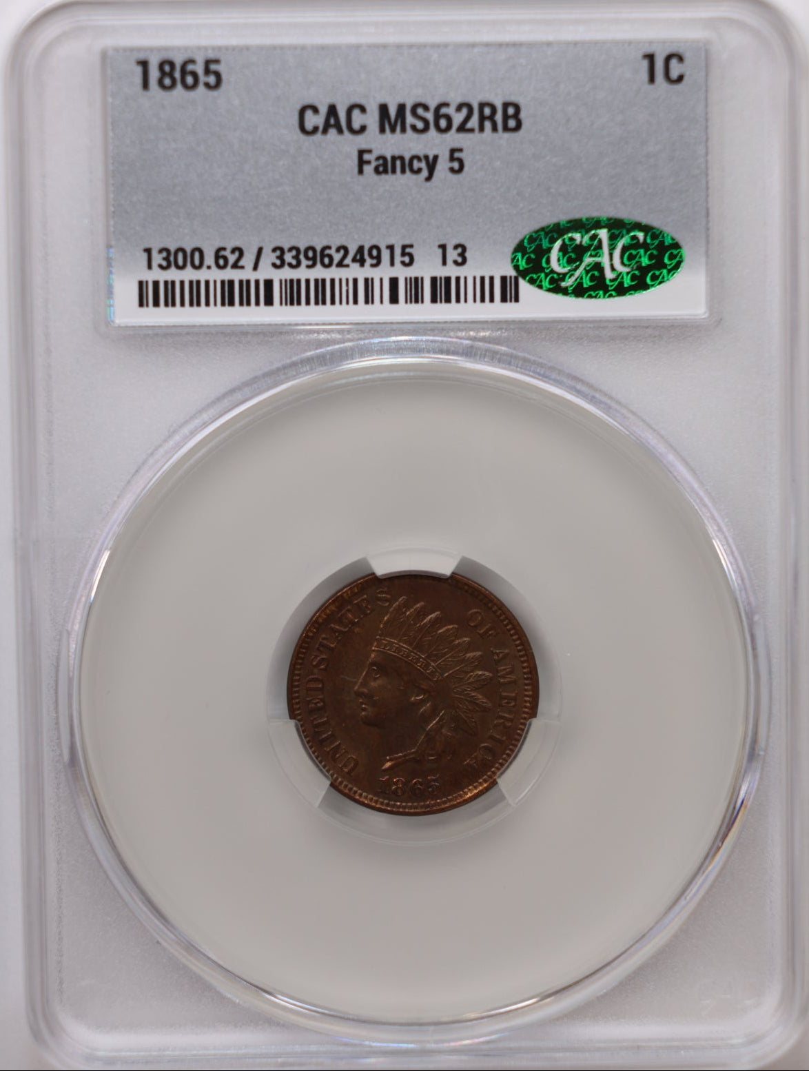 1865 Indian Head Small Cents, 'Fancy 5", CAC MS-62 Red Brown, Store #CT006.