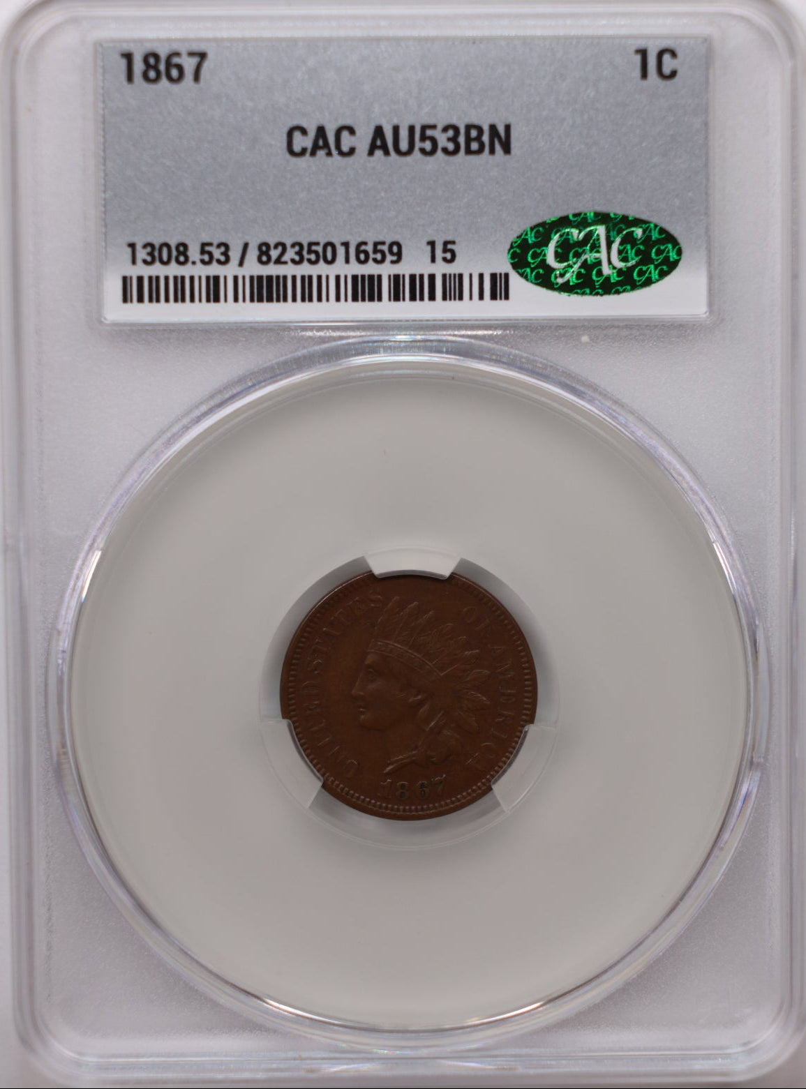 1867 Indian Head Small Cents, About Uncirculated, CAC AU-53 BN, Store #CT007.