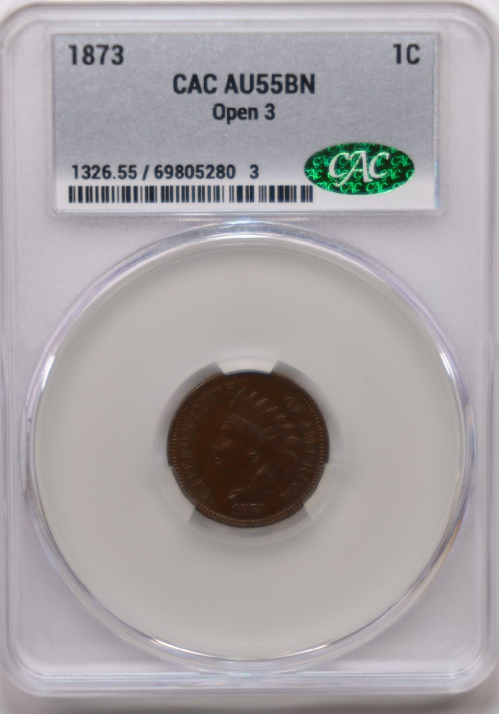1873 Indian Head Small Cents, About Uncirculated, CAC AU-55 BN, Store #CT008.