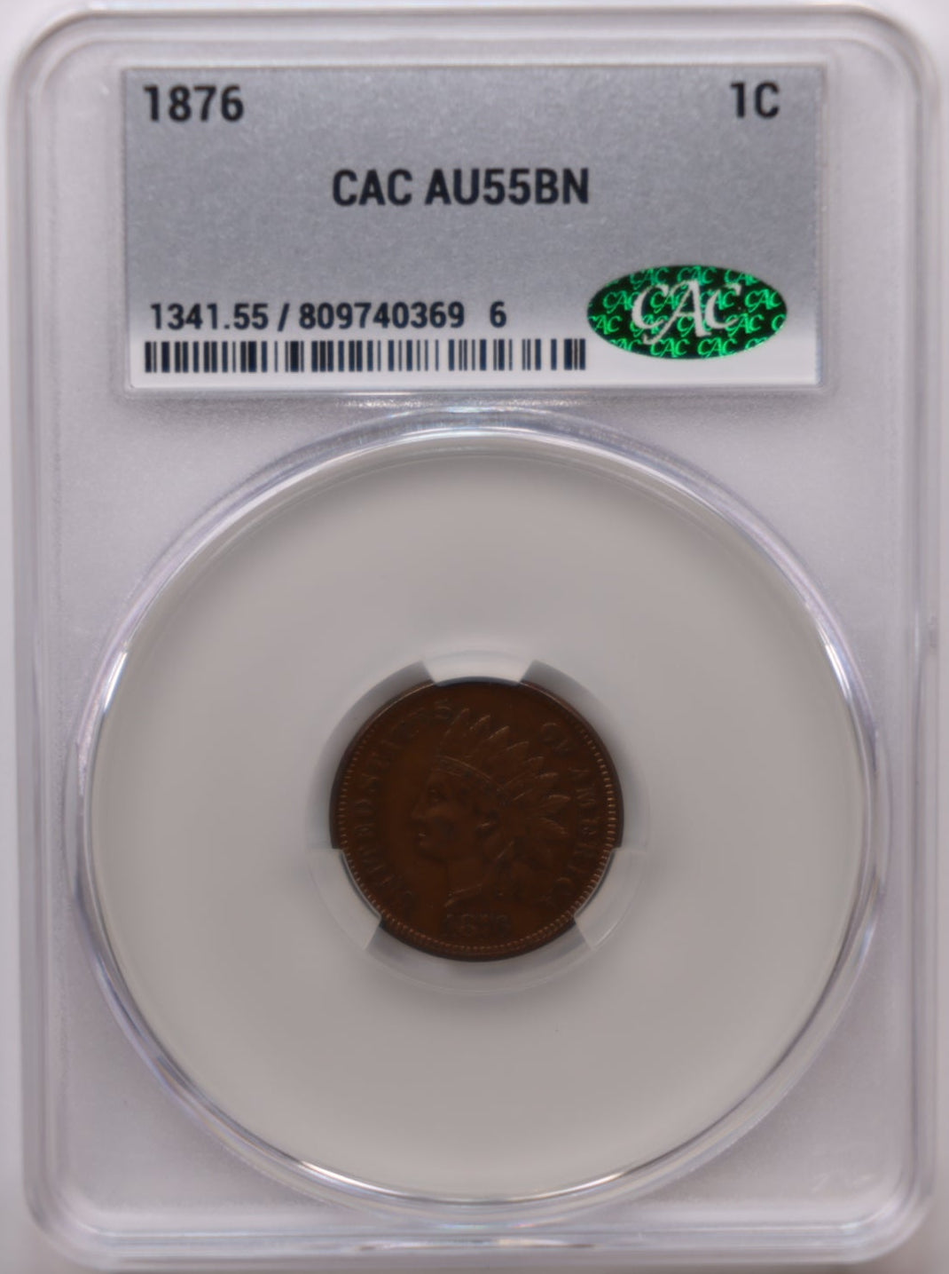 1876 Indian Head Small Cents, About Uncirculated, CAC AU-55 BN, Store #CT009.