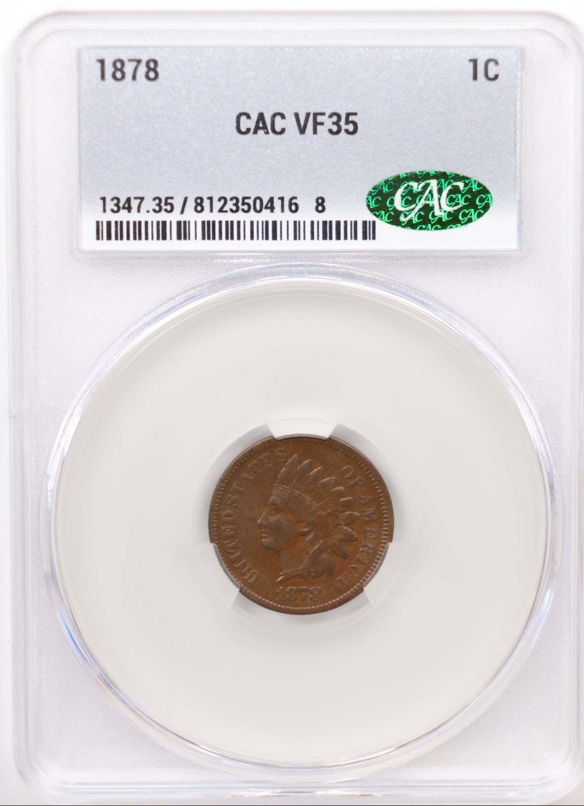 1878 Indian Head Small Cents, CAC Graded VF-35, Circulated Coin, Store #CT010.