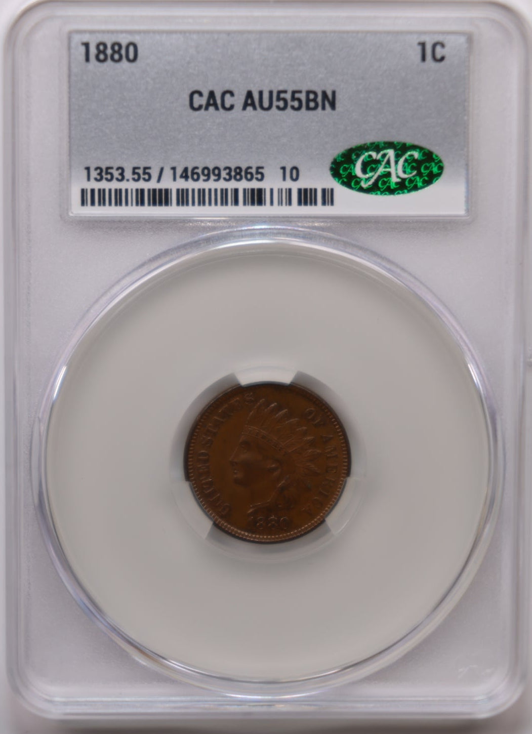 1880 Indian Head Small Cents, CAC Graded AU-55 Coin, Store #CT012.