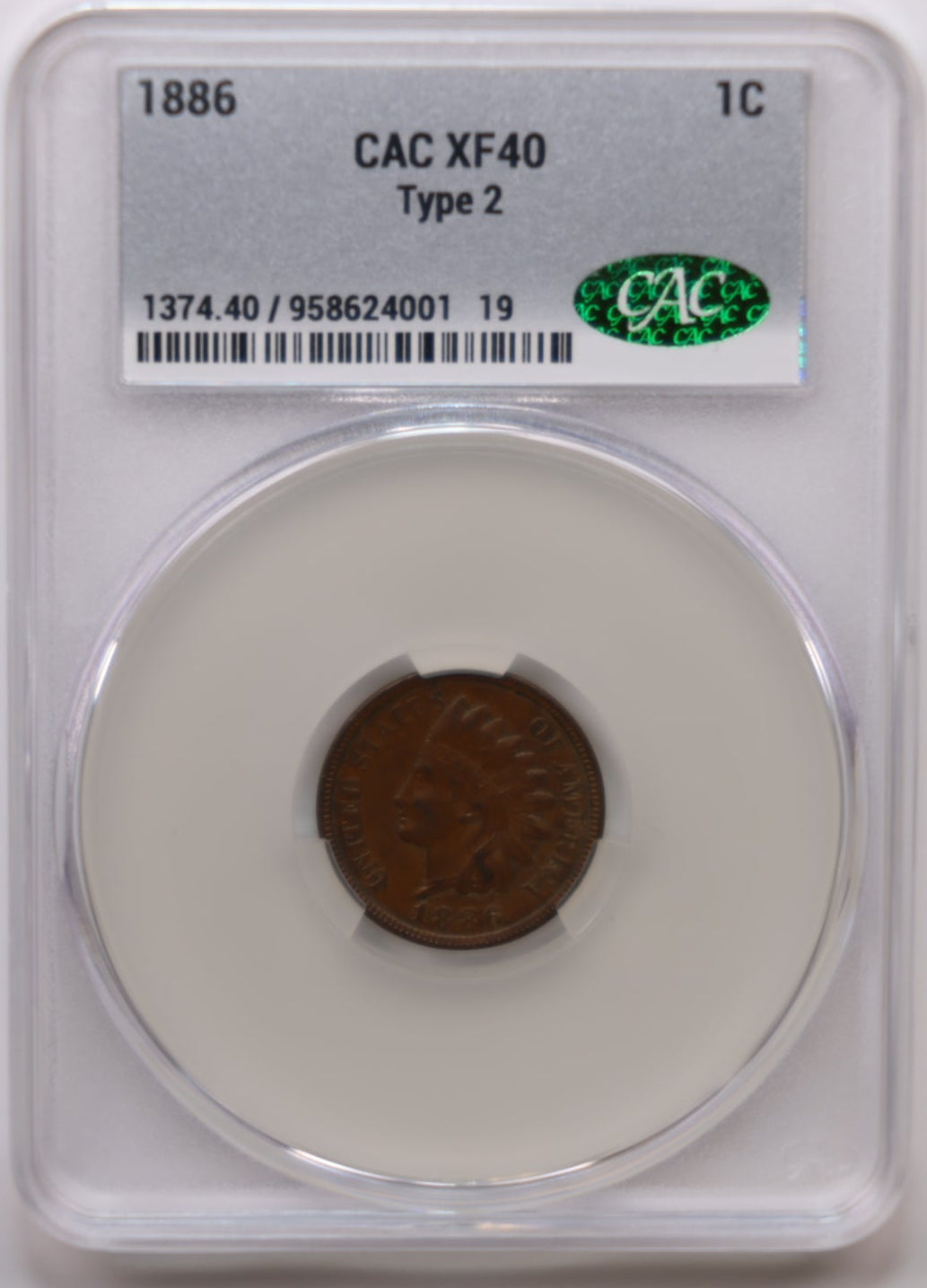 1886 Indian Head Small Cents, CAC XF-40, Type-2, Circulated Coin, Store #CT014.