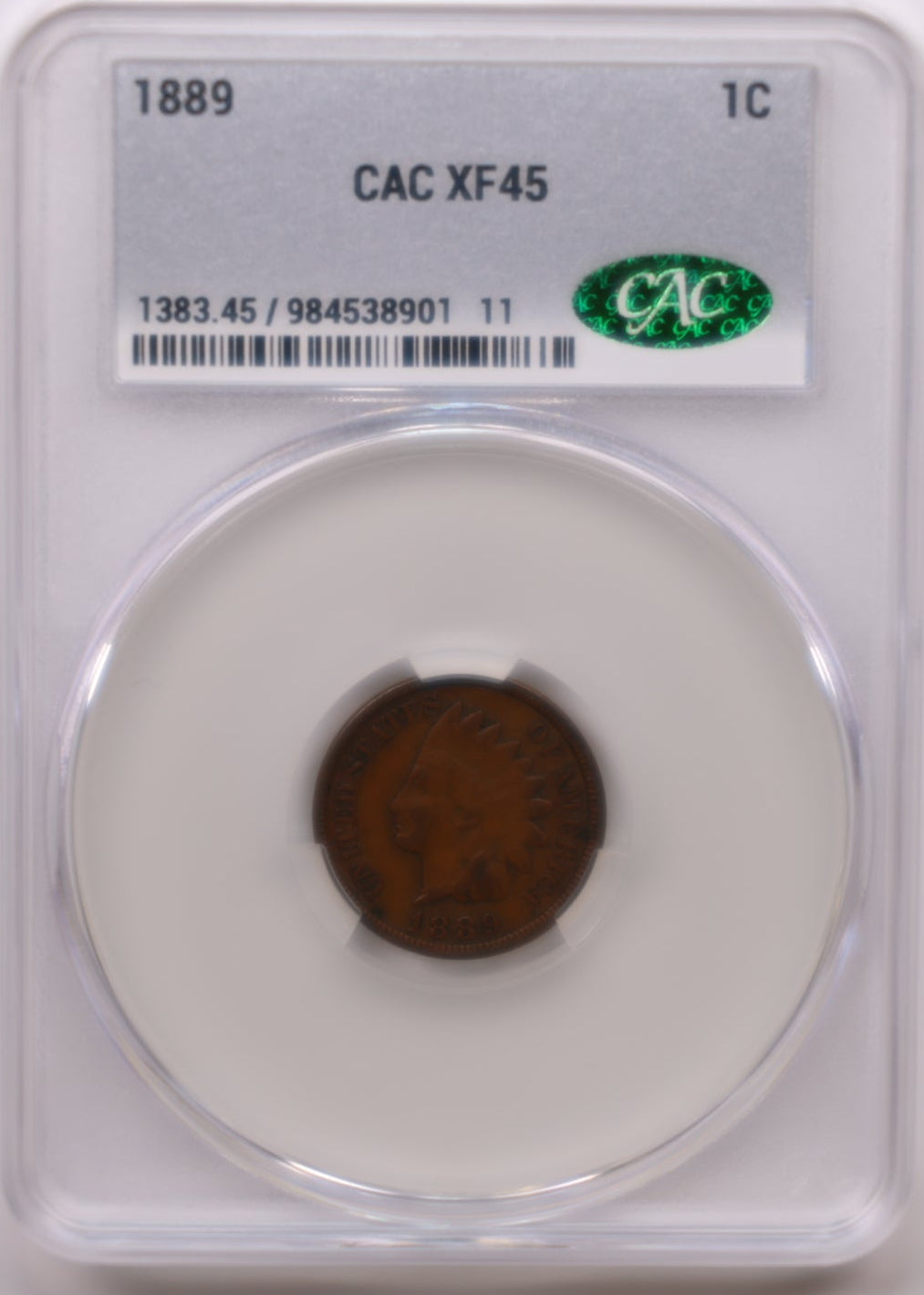 1889 Indian Head Small Cents, CAC Graded XF-45, Circulated Coin, Store #CT015.